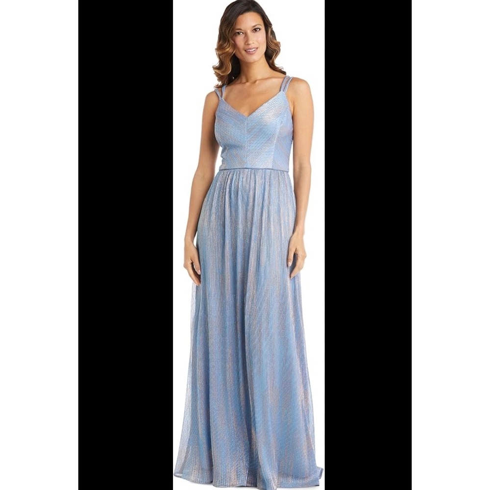 Nightway Women Blue Metallic Double Strap Maxi Dress Gown 10P Formal Party Prom